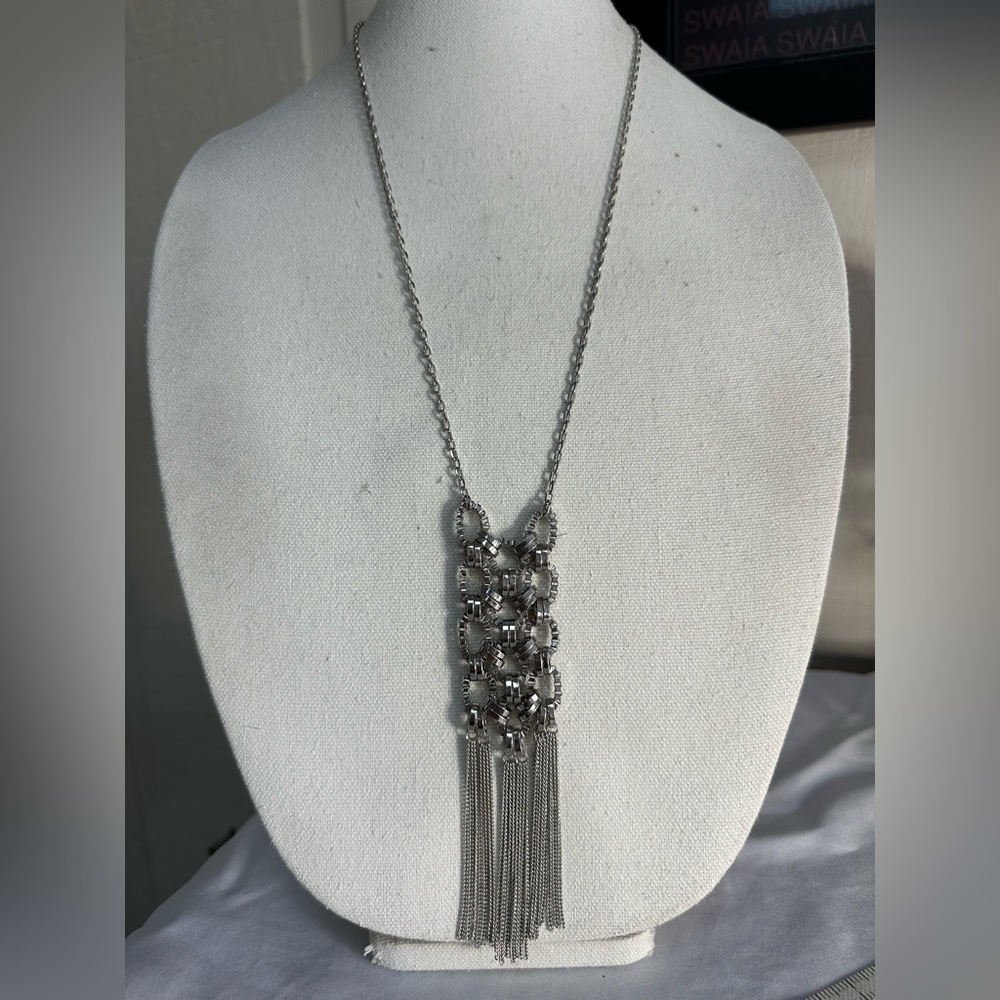 Long chain mail vibe silvertone statement necklace